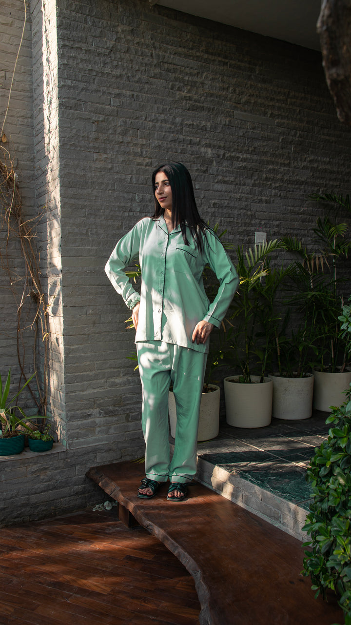 Pastel Green Linen Solid PJ Set