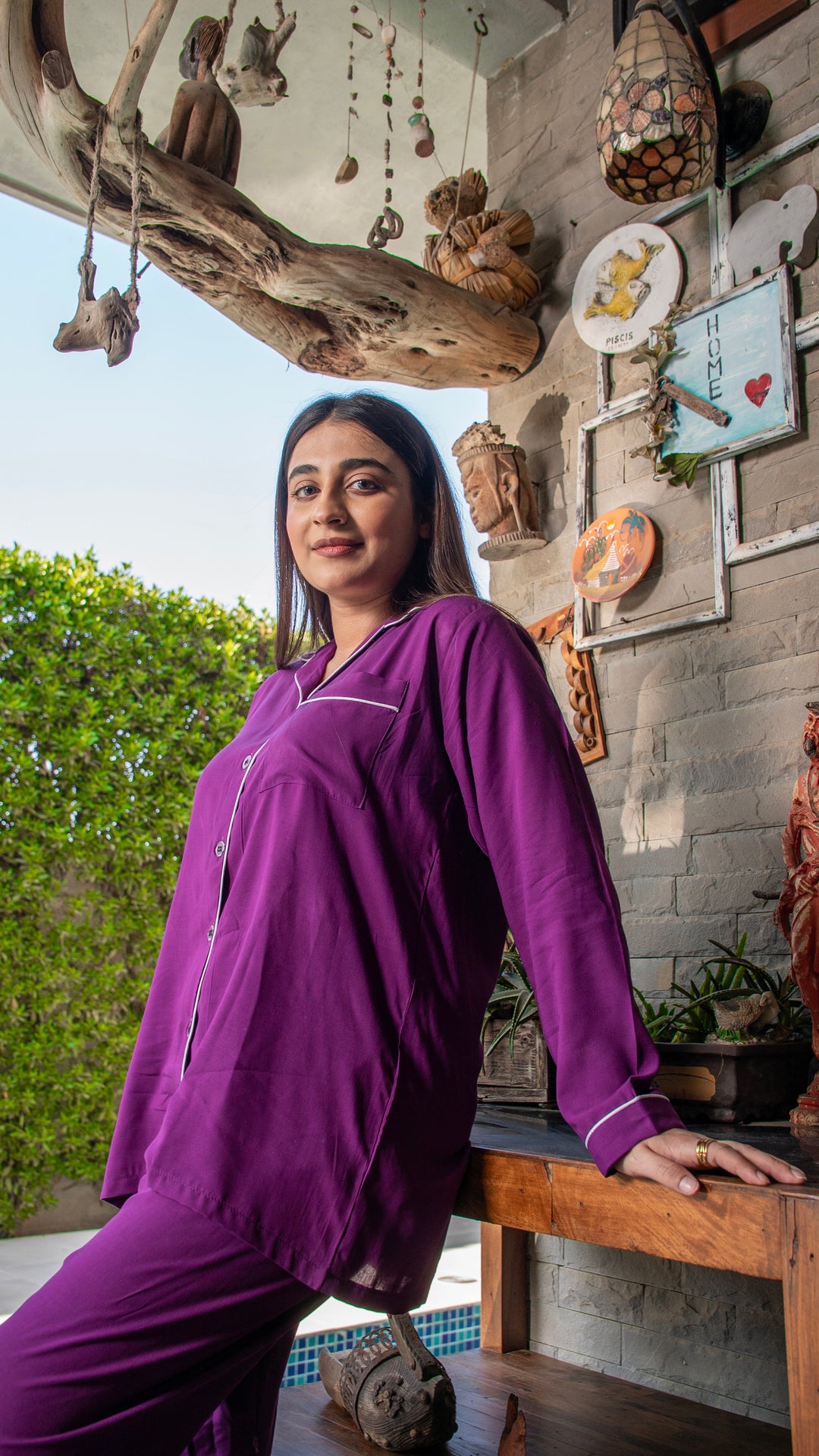 Purple Linen Solid PJ Set