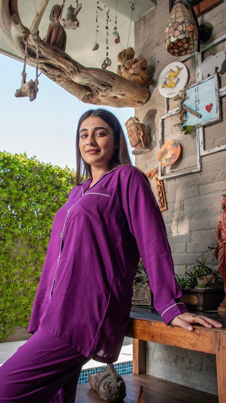 Purple Linen Solid PJ Set