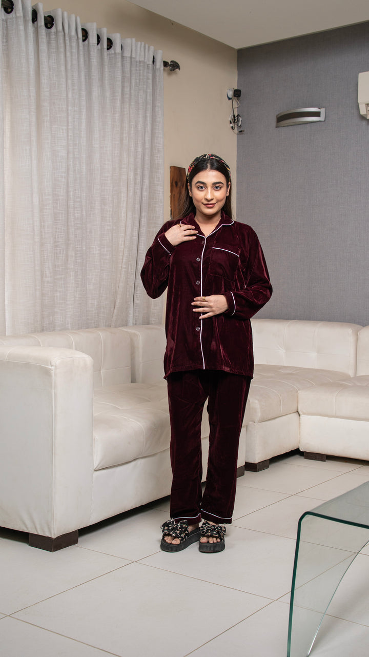 Wine Red Premium Velvet PJ Set