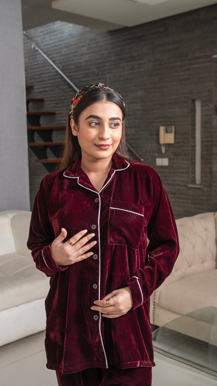 Wine Red Premium Velvet PJ Set