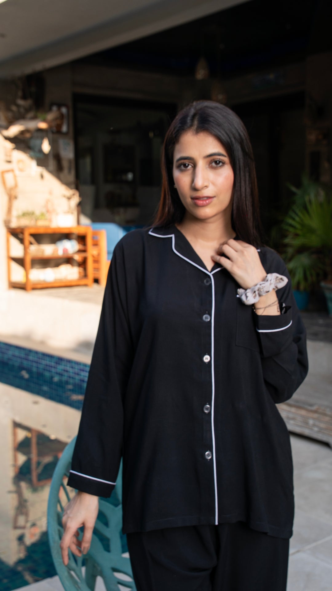 Black Linen Solid PJ Set