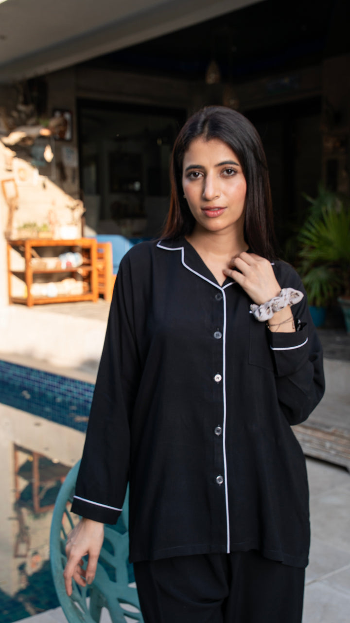 Black Linen Solid PJ Set
